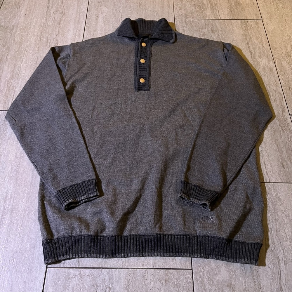 Vintage Versace Classic V2 Sweater Mens Large Gray Collared Button Knit Pullover